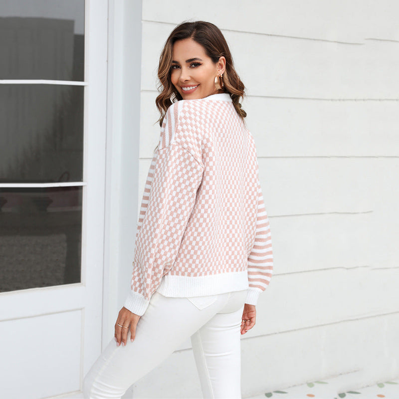 Autumn Winter Knitted Plaid Stitching Striped Cardigan Coat Sweater