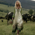 Women's Vintage Floral Pattern Art Comfy Linen V-neck Dress elevenforest