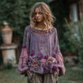 Women's Vintage Purple Floral Embroidery Art Crew Neck Shirt elevenforest