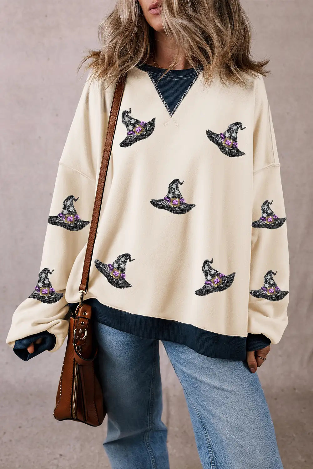 Colorblock White Witch Hat Patched Oversized Sweatshirt