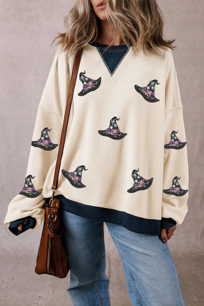 Colorblock White Witch Hat Patched Oversized Sweatshirt