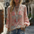 Vintage Floral Embroidered V Neck Casual Tops elevenforest