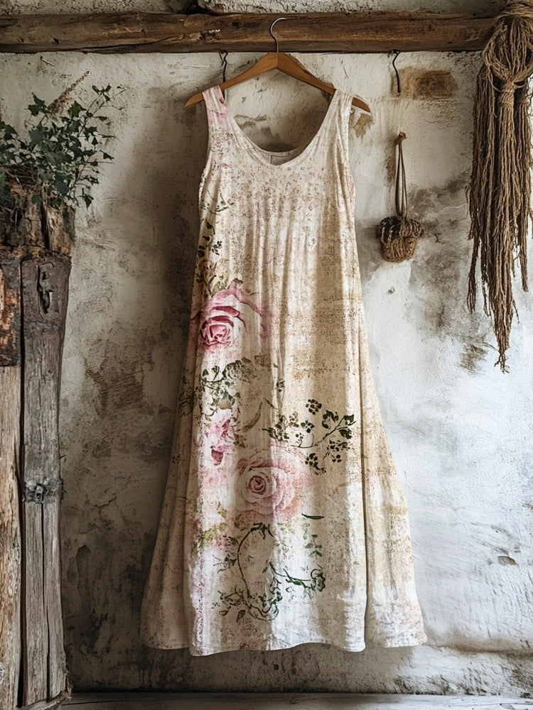 Vintage Rose Women's Linen V-neck Vest Dress elevenforest