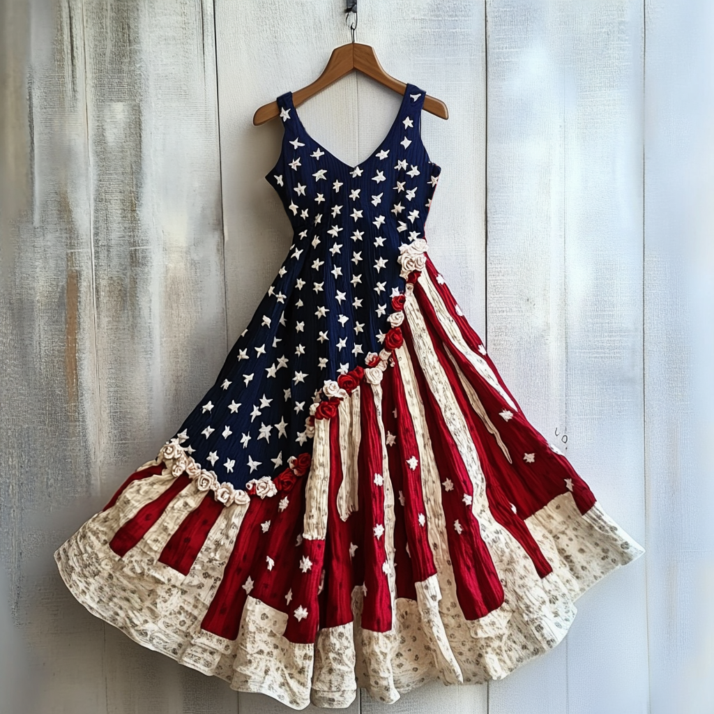 Women's Vintage Independence Day Rose Flowers Art Linen Midi Dress elevenforest