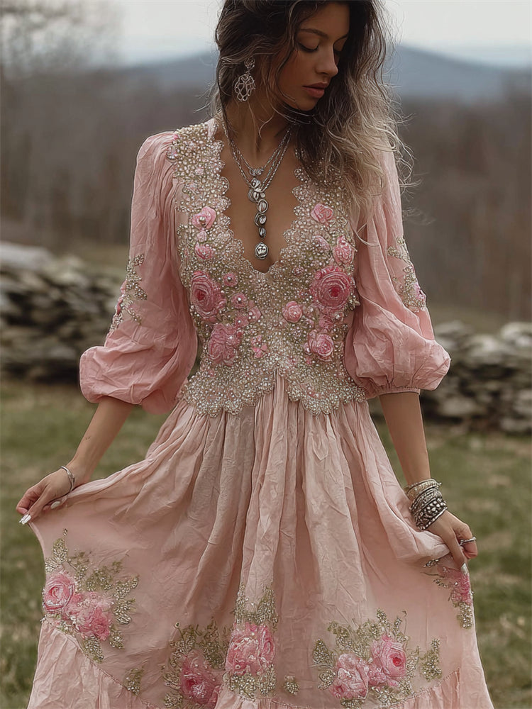 Vintage Pink Roses Embroidered Lace Linen Maxi Dress elevenforest