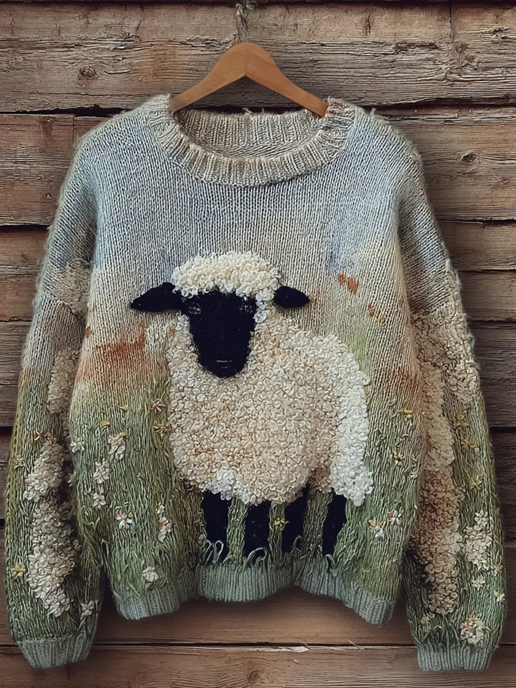 Lovely Fuzzy Blacknose Sheep  Embroidered Cozy Knit Sweater elevenforest