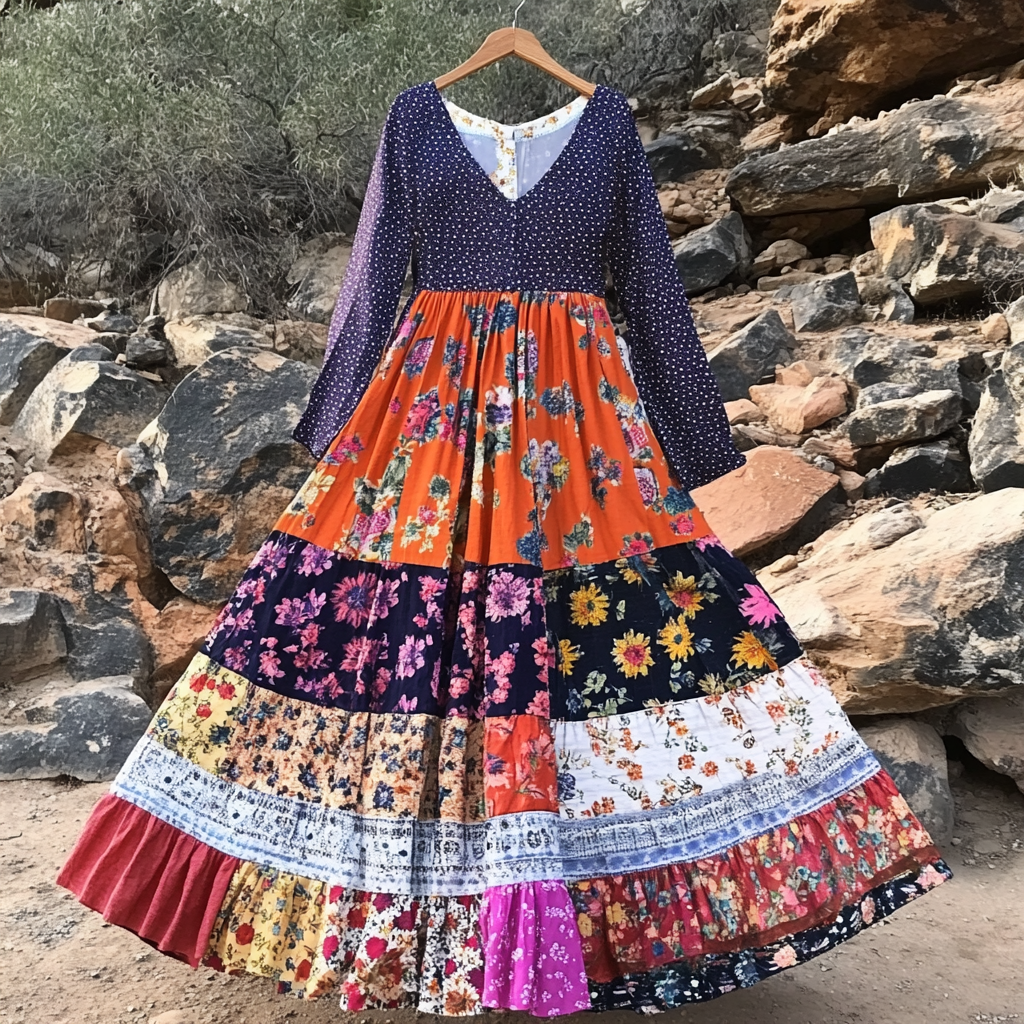 Women's Vintage Polka Dot And Floral Patchwork Long Sleeve Dress elevenforest