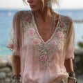 Vintage Pink Roses Beaded Embroidered Flowy Linen Tunic elevenforest