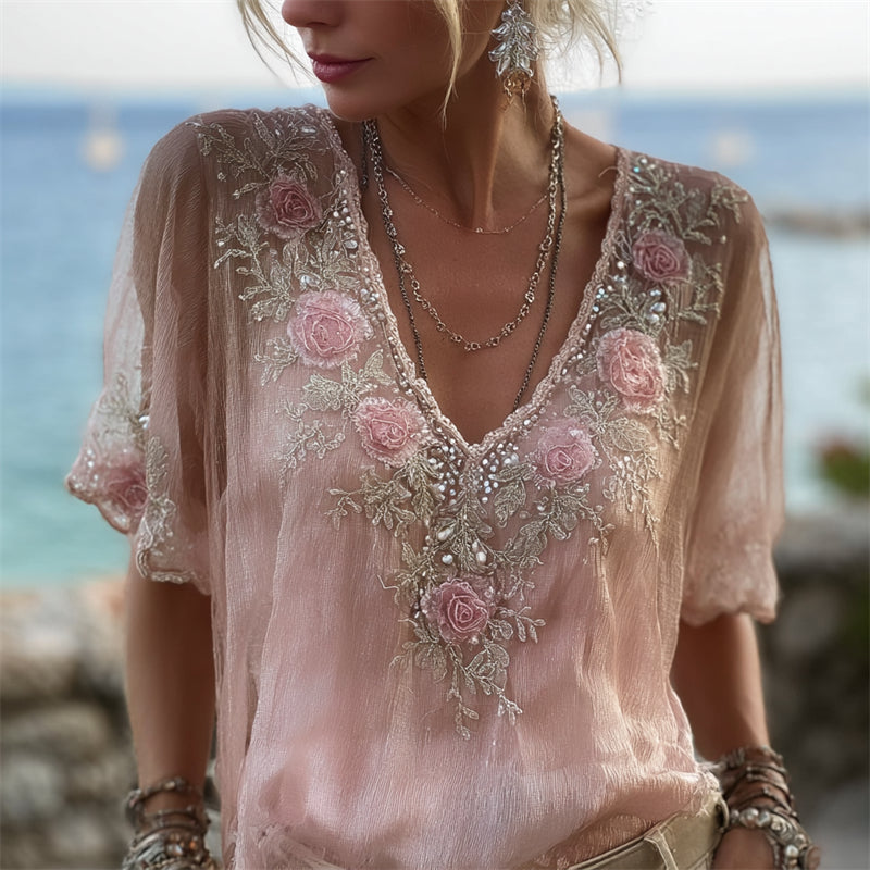 Vintage Pink Roses Beaded Embroidered Flowy Linen Tunic elevenforest