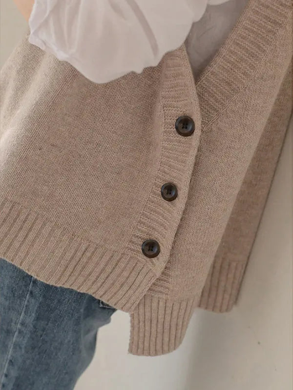 Simple Sleeveless Loose Buttoned Color Round-neck Sweater Vest Outerwear