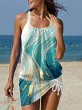 Women's Art Painting Printed Strapless Shirred Swimsuit Set