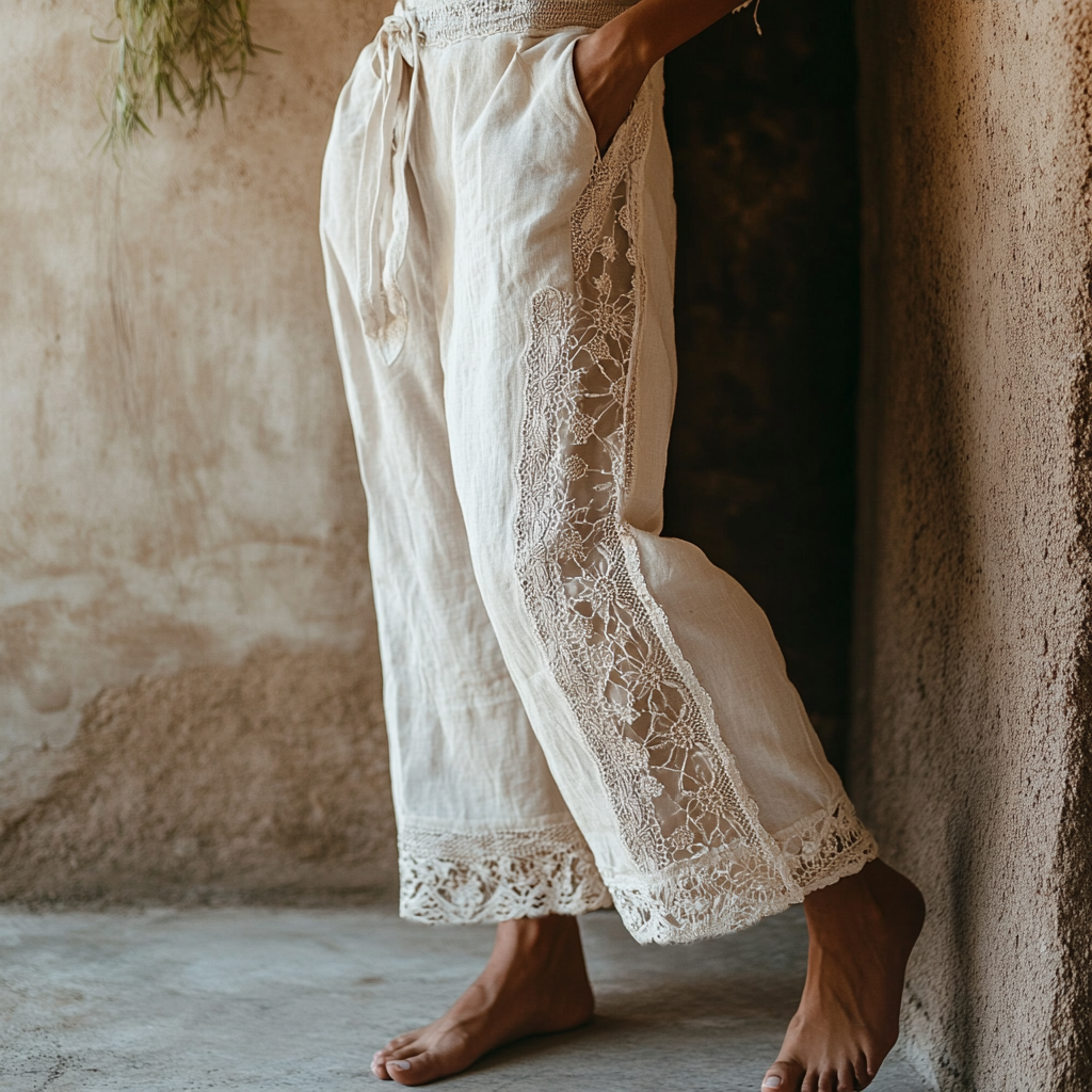 Women's Floral Embroidery Lace Art Casual Wide-leg Pants elevenforest