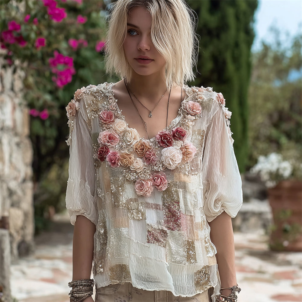 Boho Gauze Rose Sequin Embroidered Women's Flowing Short Sleeve Shirt elevenforest