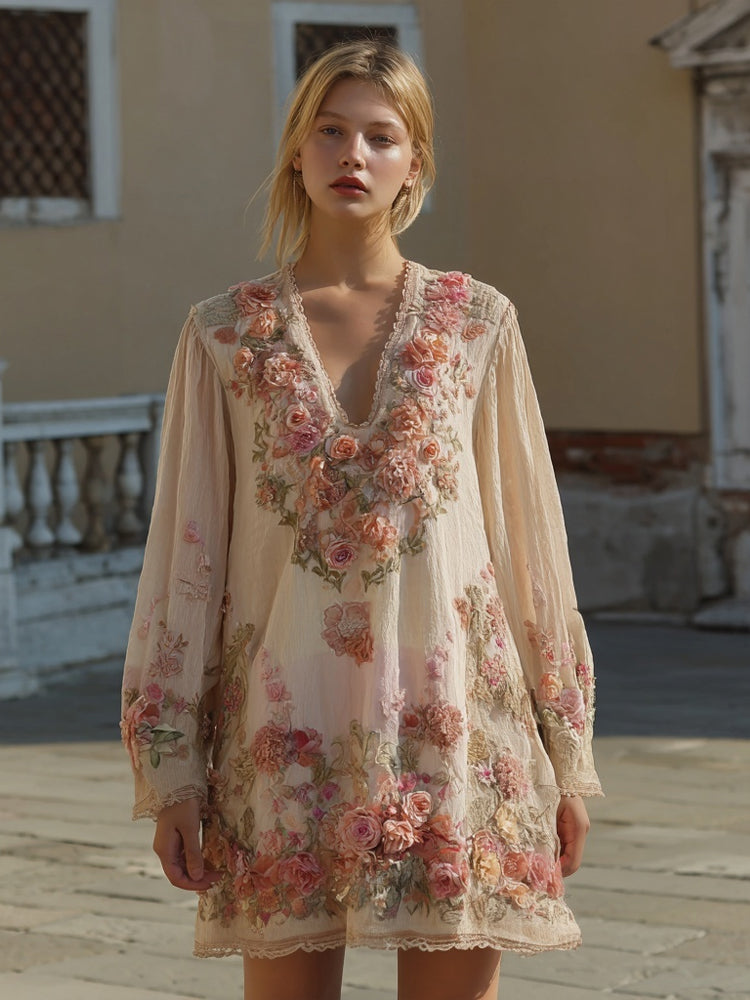 Boho Romantic Rose Embroidered Gradient Linen Mini Dress elevenforest