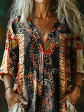 Women's Vintage Bohemian Floral Art Print Casual Cotton Linen Shirt