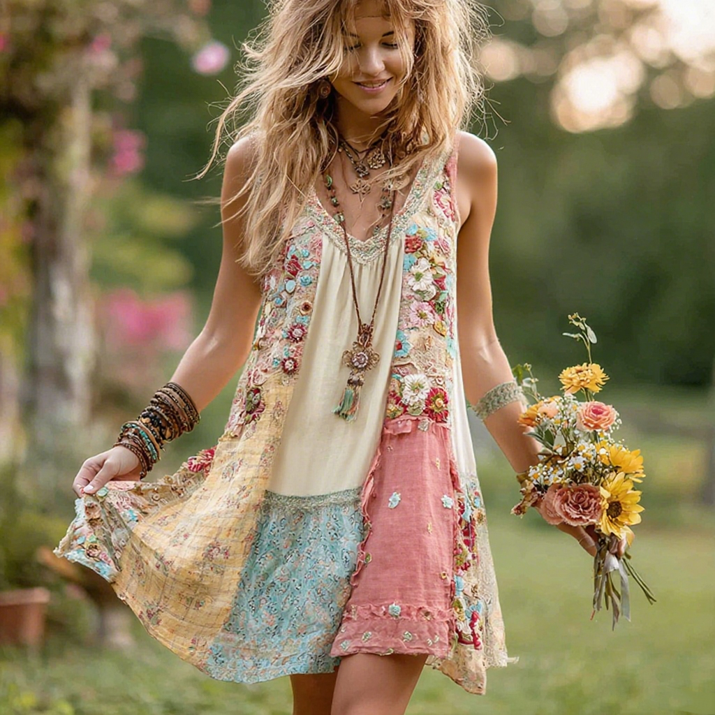 Women's Retro Floral Stitching Cotton And Linen Sleeveless Short Dress elevenforest