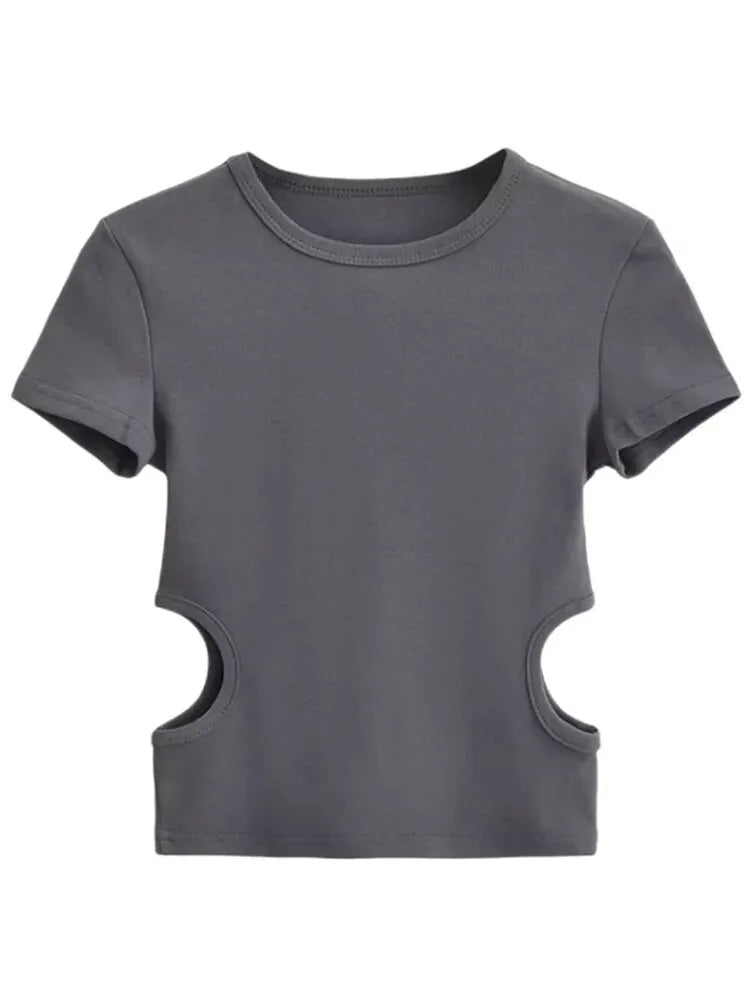 Side Waist Off Short Top ’s Round Neck Slim Fit Versatile Color Short Sleeve T-shirt Summer