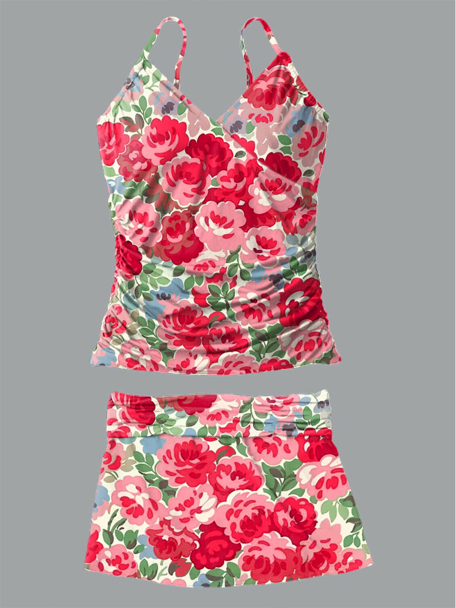 Women's Floral Printed Suspender Shirred Swimsuit Set