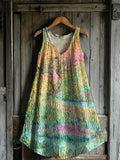 Women's Spring Meadow Pattern Art Print V-Neck Pocket Cotton Dress