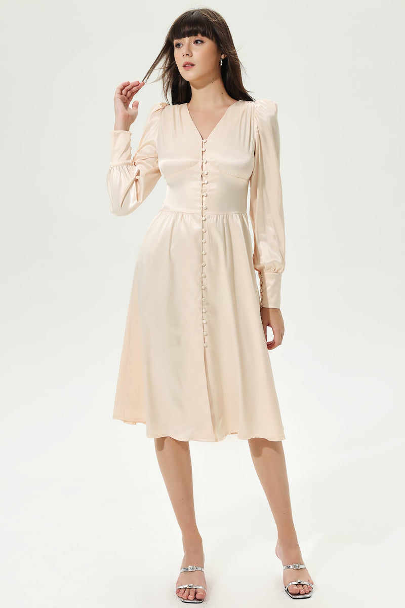 Lantern Sleeve V-neck Buttoned Midi Dress White
