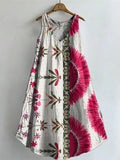 Women's Vintage Ethnic Floral Art Print V-neck Pocket Cotton Dress