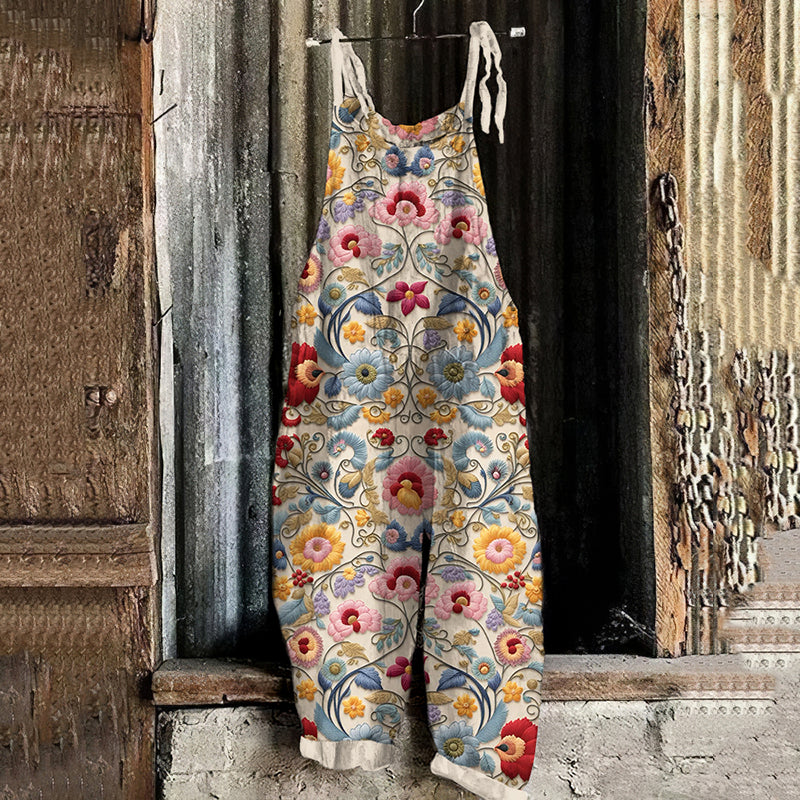 Women's Bohemian Floral Linen Print Cotton Linen Jumpsuit elevenforest