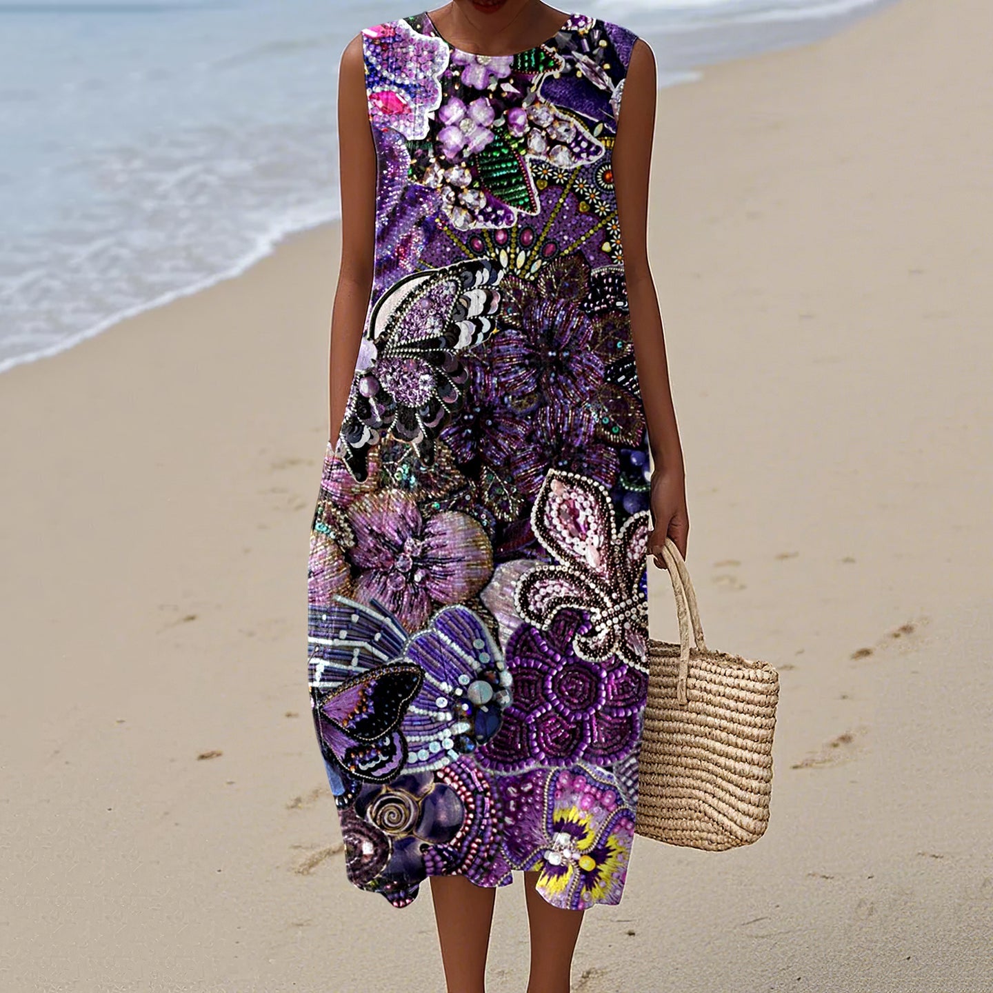 Women's Beaded Flower Butterfly Art Print Crew Neck Tank Midi Dress elevenforest