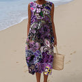 Women's Beaded Flower Butterfly Art Print Crew Neck Tank Midi Dress