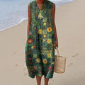 Vintage Floral Art Linen And Cotton V Neck Tank Dress elevenforest