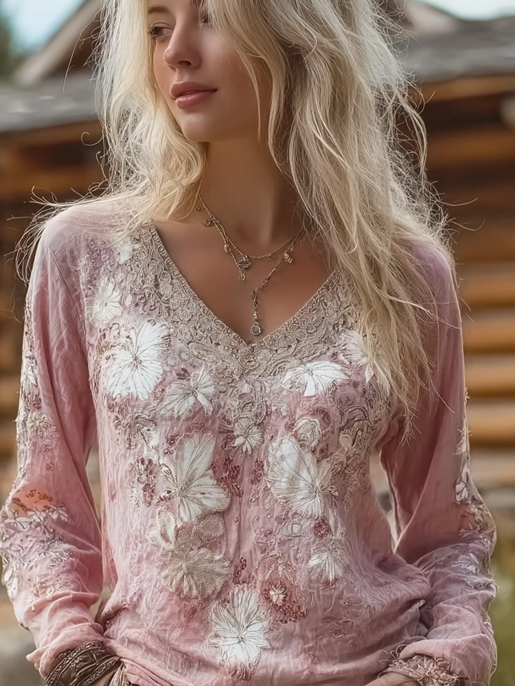 Bohemian Retro Plant And Flower Pattern Casual Cotton And Linen Long-sleeve Top elevenforest