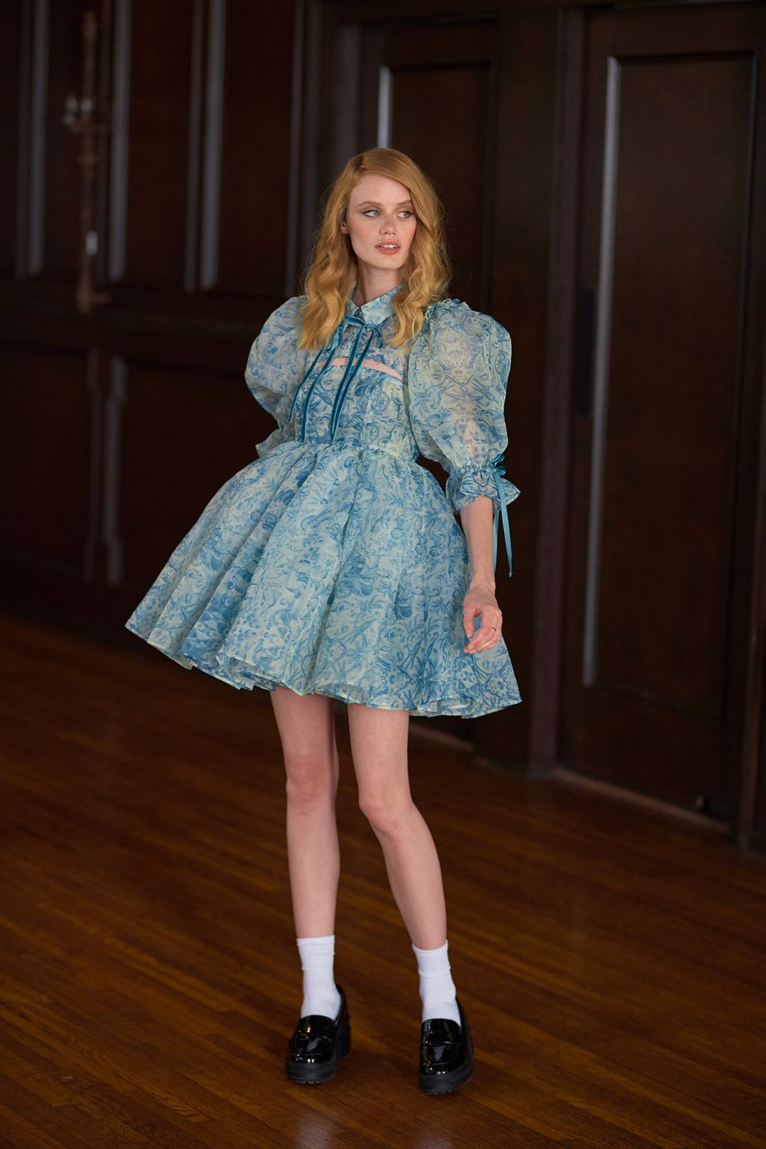Puff Sleeve Lace Up Doll Collar Mini Dress