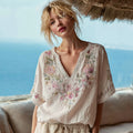 Women's Floral Pattern Short Sleeve V Neck Shirt elevenforest