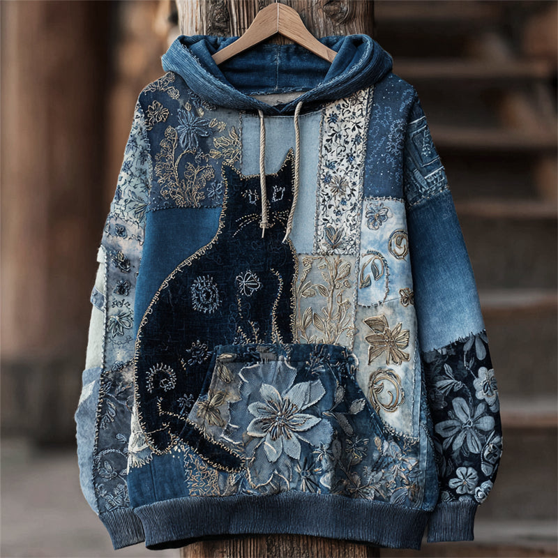 Lovely Cat Boho Floral Lace Patchwork Hoodie elevenforest