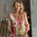 Love & Health Collection Retro Western Women Style Vintage Rose And Floral Patchwork Art Casual V Neck Linen Shirt elevenforest