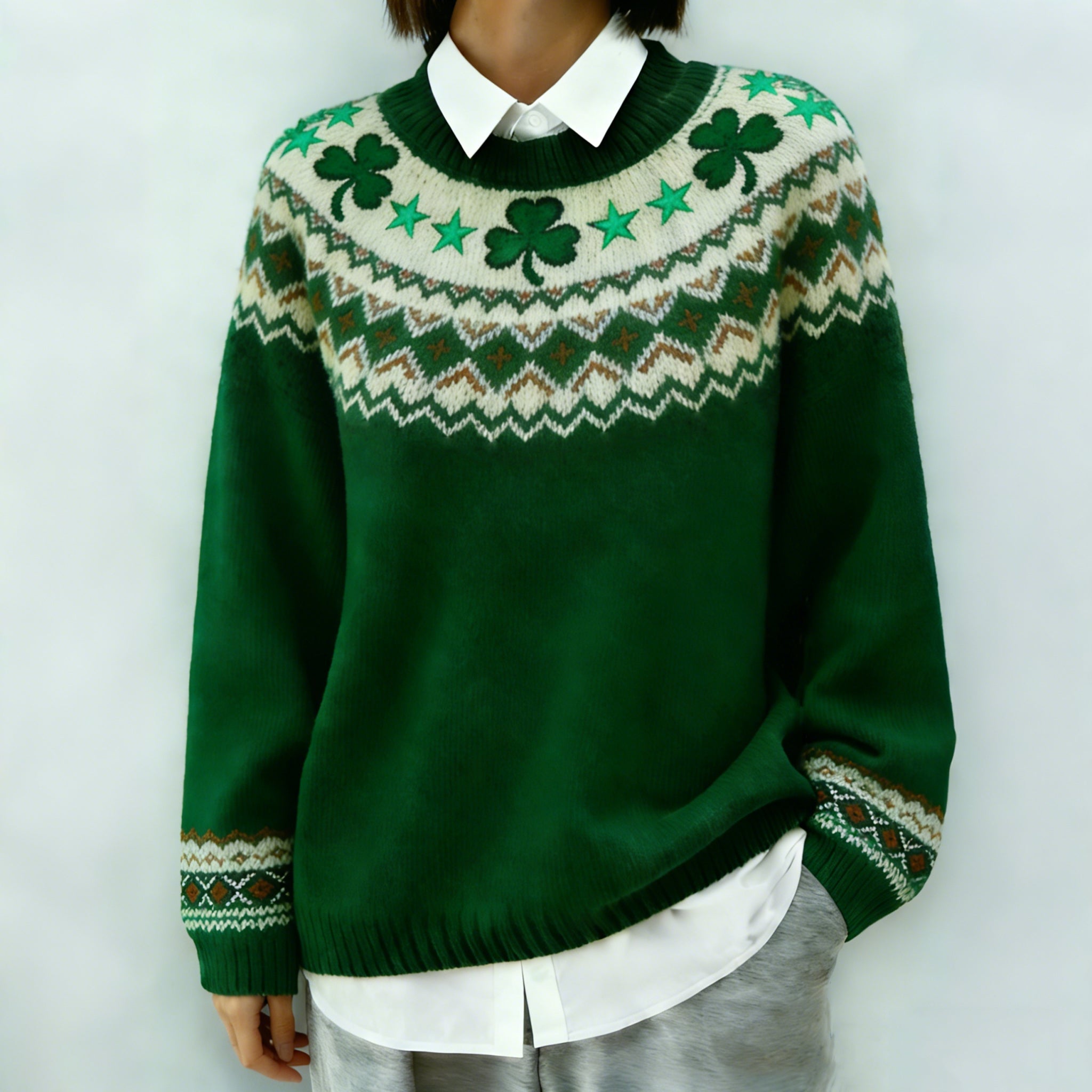 Comstylish Women's St. Patrick's Day Shamrock Pattern Warm Knit Sweater