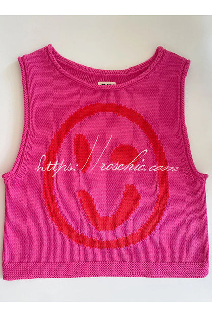 Always Happy Face Knit Unique Pattern Versatile Loose Tank Top
