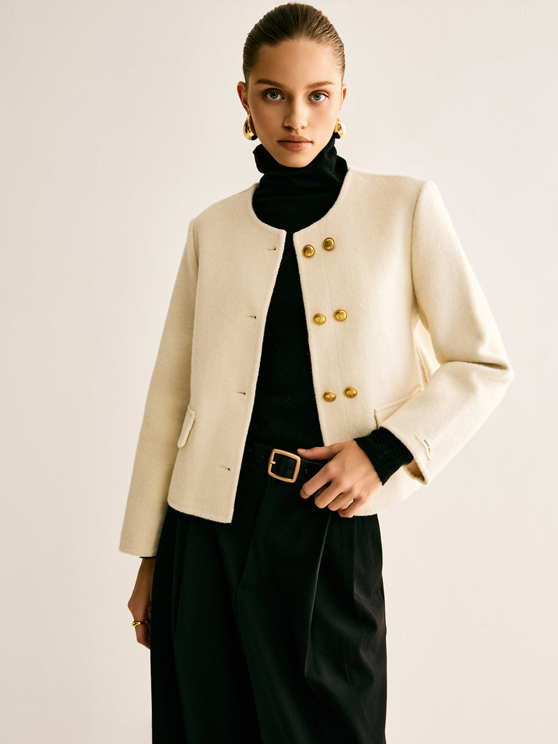 Woollen Blend Tweed Breasted Coat