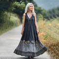 Retro Boho Floral Embroidery Art Sleeveless Linen Maxi Dress elevenforest