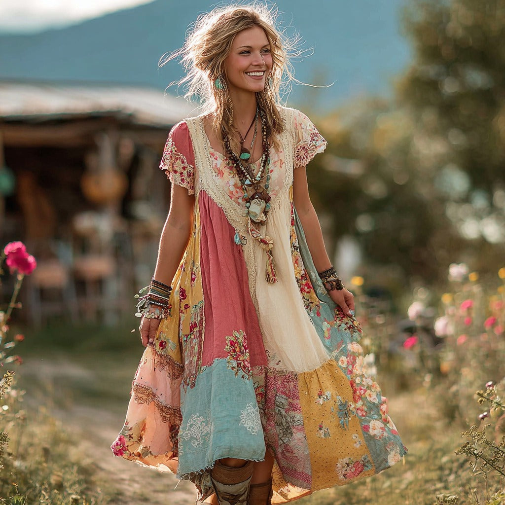 Women's Floral Color Block Round Neck Short Sleeve Dress elevenforest