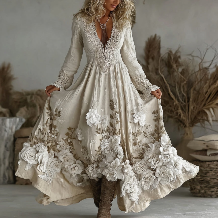 Women's Vintage Floral Embroidery Art Comfy Linen Maxi Dress elevenforest