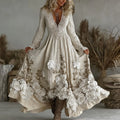 Women's Vintage Floral Embroidery Art Comfy Linen Maxi Dress elevenforest
