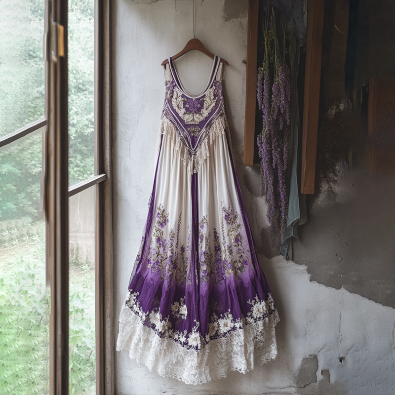 Boho Lavender Embroidered Lace Gradient Linen Dress elevenforest