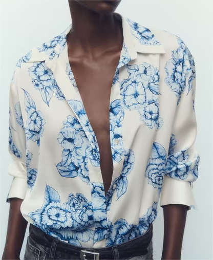 ’s Print Satin Blouse With Collared Long Sleeves – Shirt for