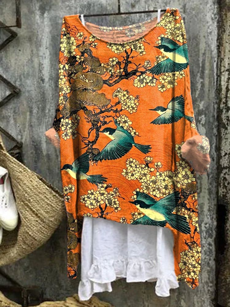 Women's Japanese Art Inspired Print Linen Blend Shirt elevenforest