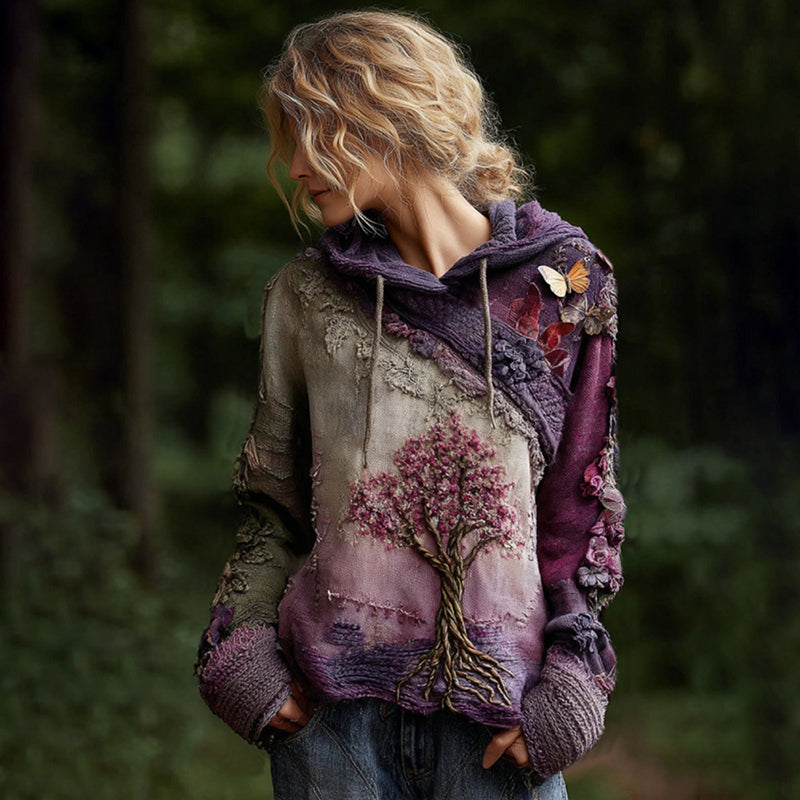 Women's Vintage Rose Embroidery Gradient Art Cozy Hooded Sweater elevenforest