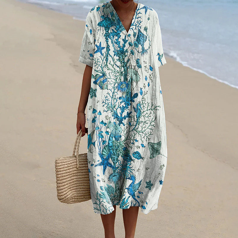 Comstylish Women's Holiday Series Starfish And Seaweed Pattern Pattern Casual Flowy Midi Dress
