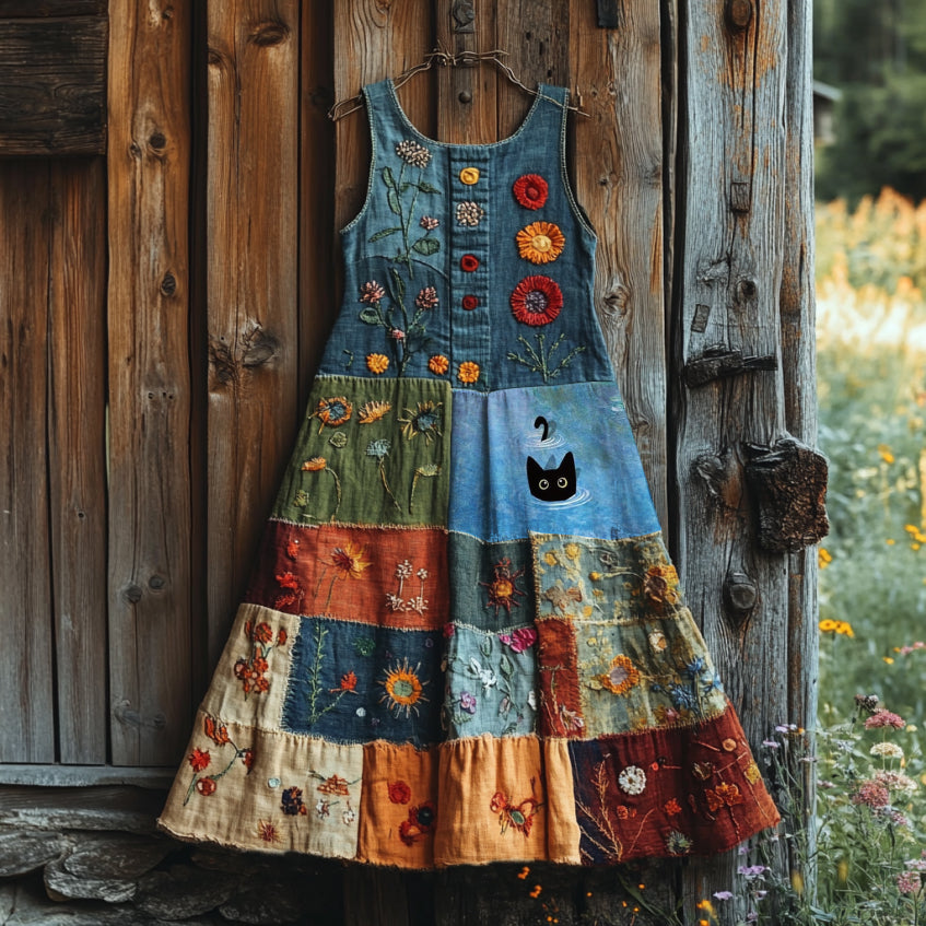 Vintage Abstract Creative Cute Cat In Floral Art Embroidered Cozy Linen Midi Dress elevenforest