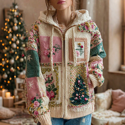 Women's Christmas Tree And Rose Pattern Knitted Zip-up Hooded Sweater