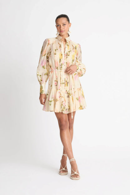 Puff Long Sleeve Buttoned Lace Up Ruffle Hem Mini Dress