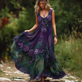 Classy Purple Roses Fiber Art Gradient Flowy Linen Maxi Dress elevenforest